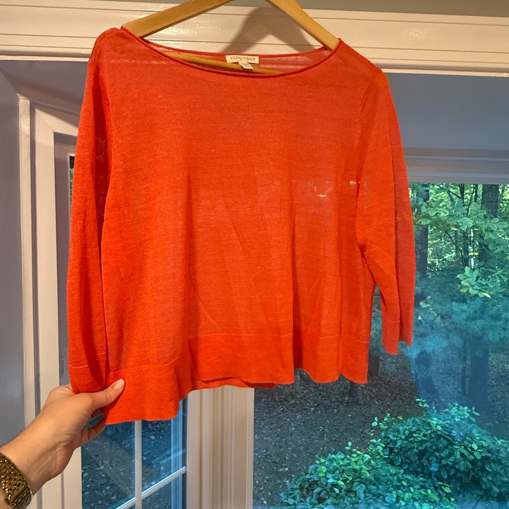 Eileen Fisher Vibrant Coral 3/4 Sleeve Light Weight Knit Top